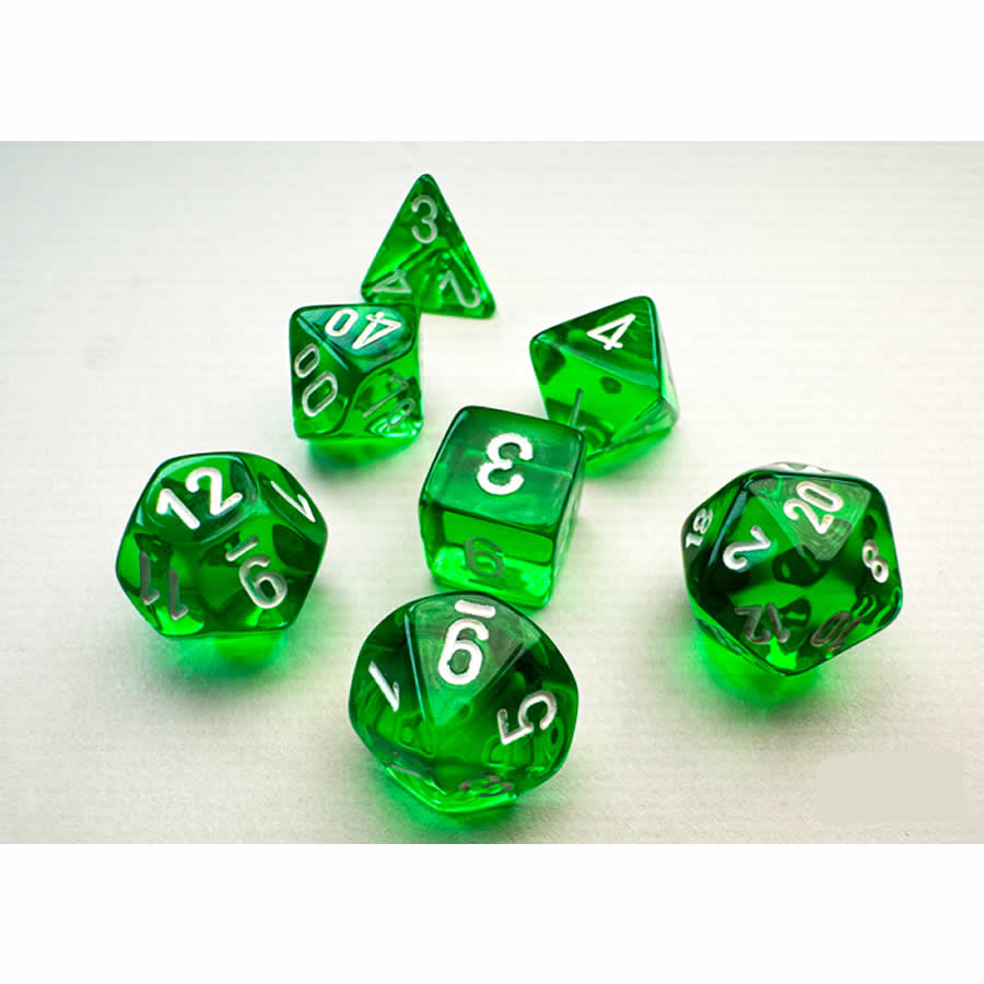 CHX20375 Green Translucent Mini Dice with White Numbers 10mm (3/8in) Set of 7