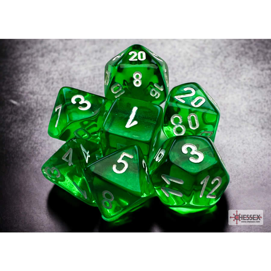CHX20375 Green Translucent Mini Dice with White Numbers 10mm (3/8in) Set of 7