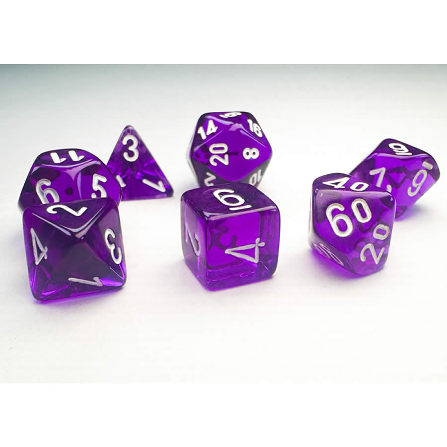 CHX20377 Purple Translucent Mini Dice with White Numbers 10mm (3/8in) Set of 7