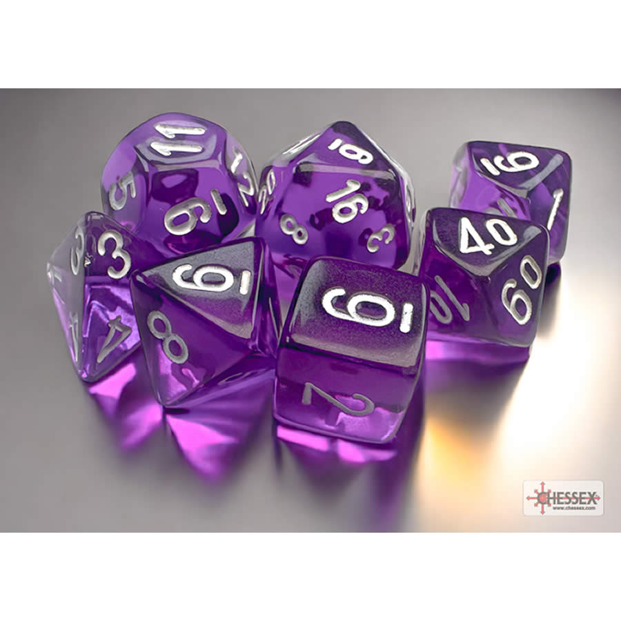 CHX20377 Purple Translucent Mini Dice with White Numbers 10mm (3/8in) Set of 7