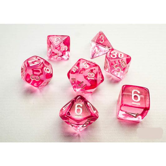 CHX20384 Pink Translucent Mini Dice with White Numbers 10mm (3/8in) Set of 7