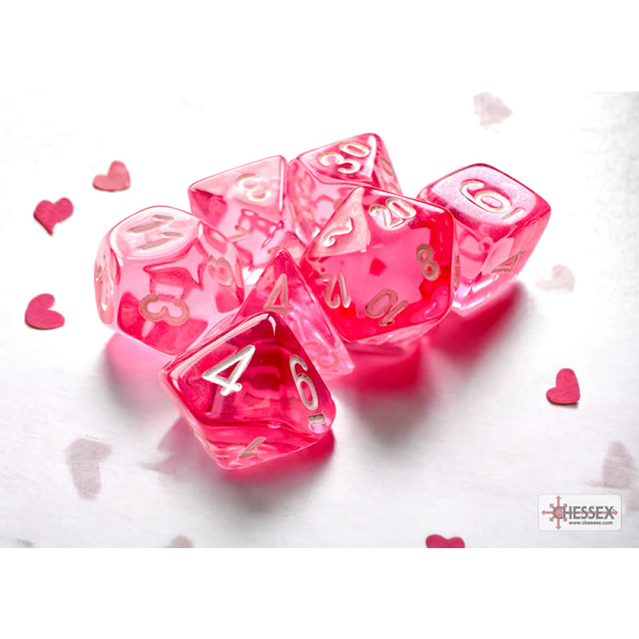 CHX20384 Pink Translucent Mini Dice with White Numbers 10mm (3/8in) Set of 7