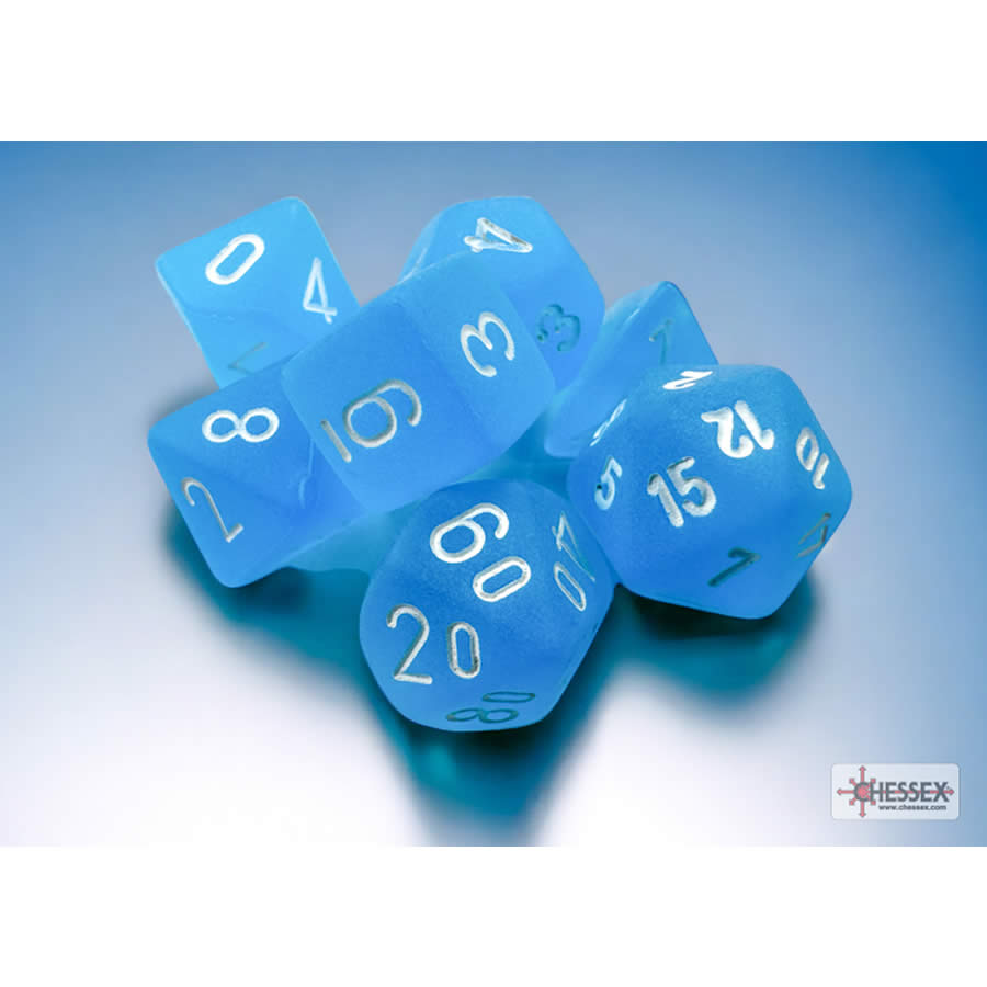 CHX20416 Caribbean Blue Frosted Mini Dice with White Colored Numbers 10mm (3/8in) Set of 7