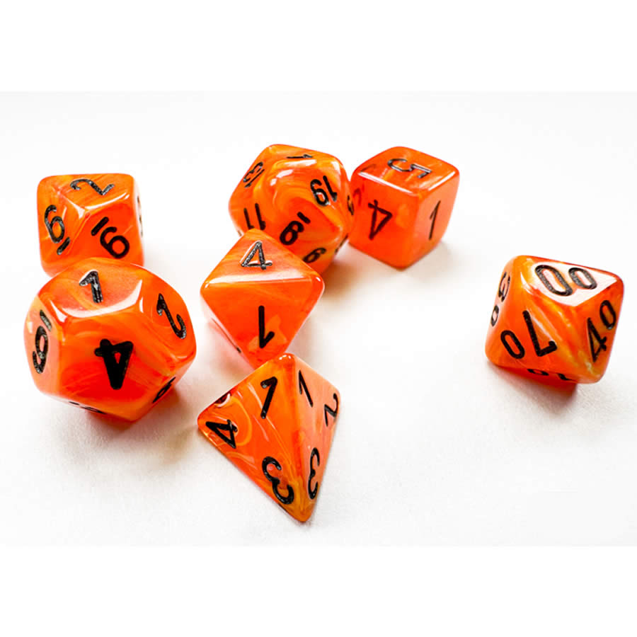 CHX20433 Orange Vortex Mini Dice with Black Numbers 10mm (3/8in) Set of 7