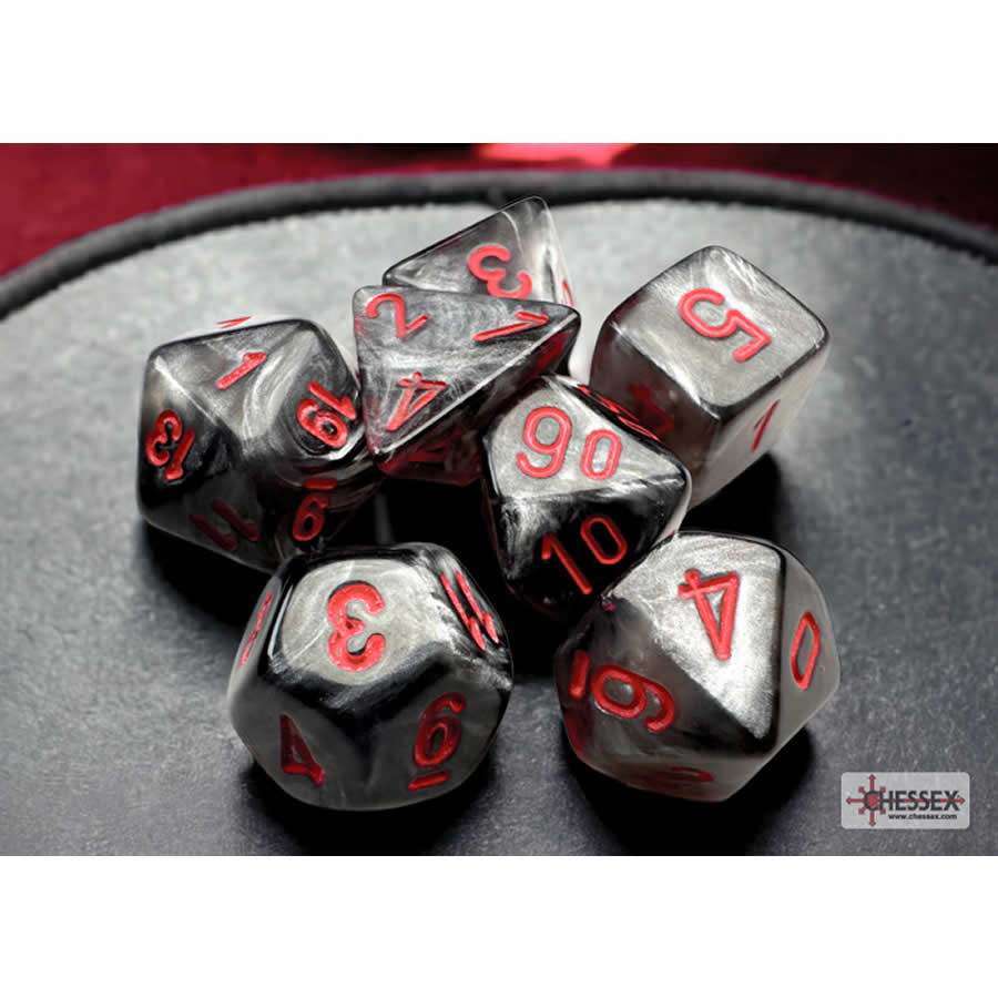 CHX20478 Black Velvet Mini Dice with Red Numbers 10mm (3/8in) Set of 7