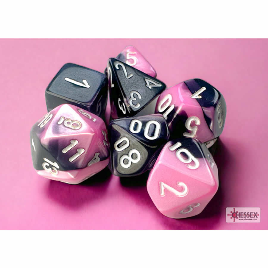 CHX20630 Black and Pink Gemini Mini Dice with White Colored Numbers 10mm (3/8in) Set of 7