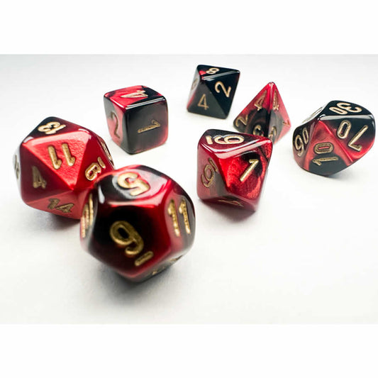 CHX20633 Black and Red Gemini Mini Dice with Gold Colored Numbers 10mm (3/8in) Set of 7