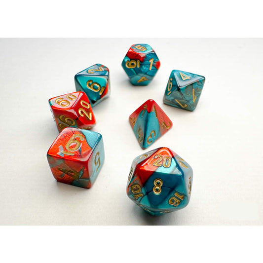 CHX20662 Red and Teal Gemini Mini Dice with Gold Colored Numbers 10mm (3/8in) Set of 7
