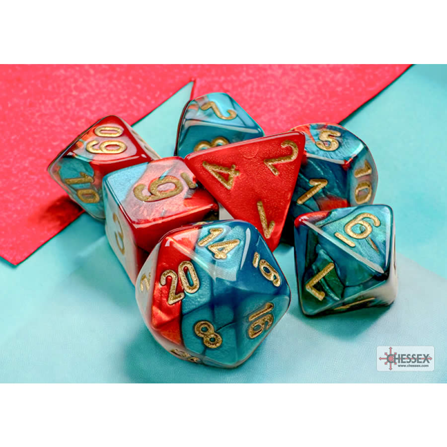 CHX20662 Red and Teal Gemini Mini Dice with Gold Colored Numbers 10mm (3/8in) Set of 7