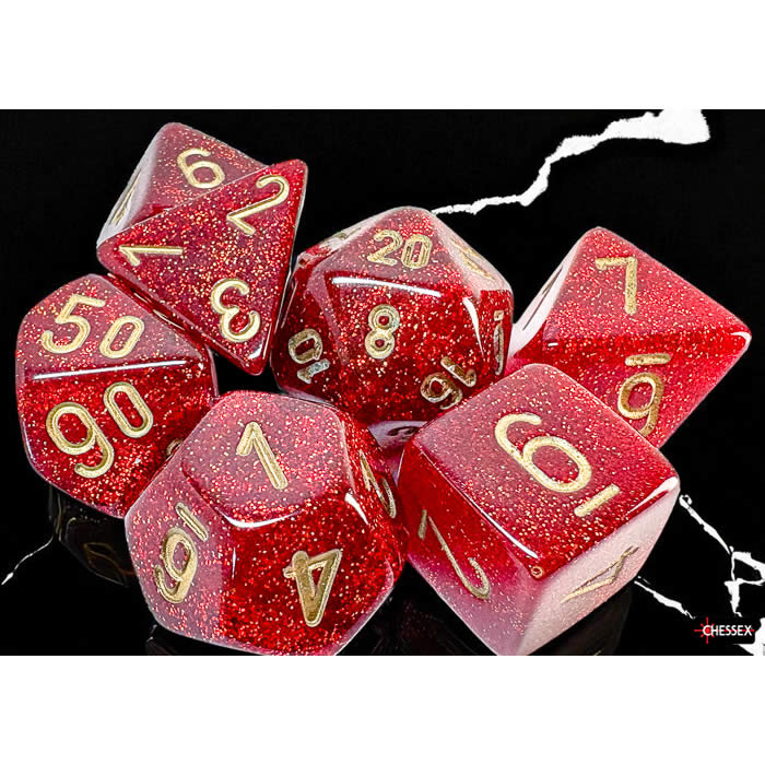 CHX22504 Ruby Glitter Mega-Hedral Dice with Gold Colored Numbers 20mm (25/32in) Set of 7 Dice