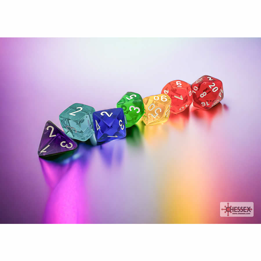 CHX23099 Prism Translucent GM Dice with White Numbers 16mm (5/8in) Set of 7