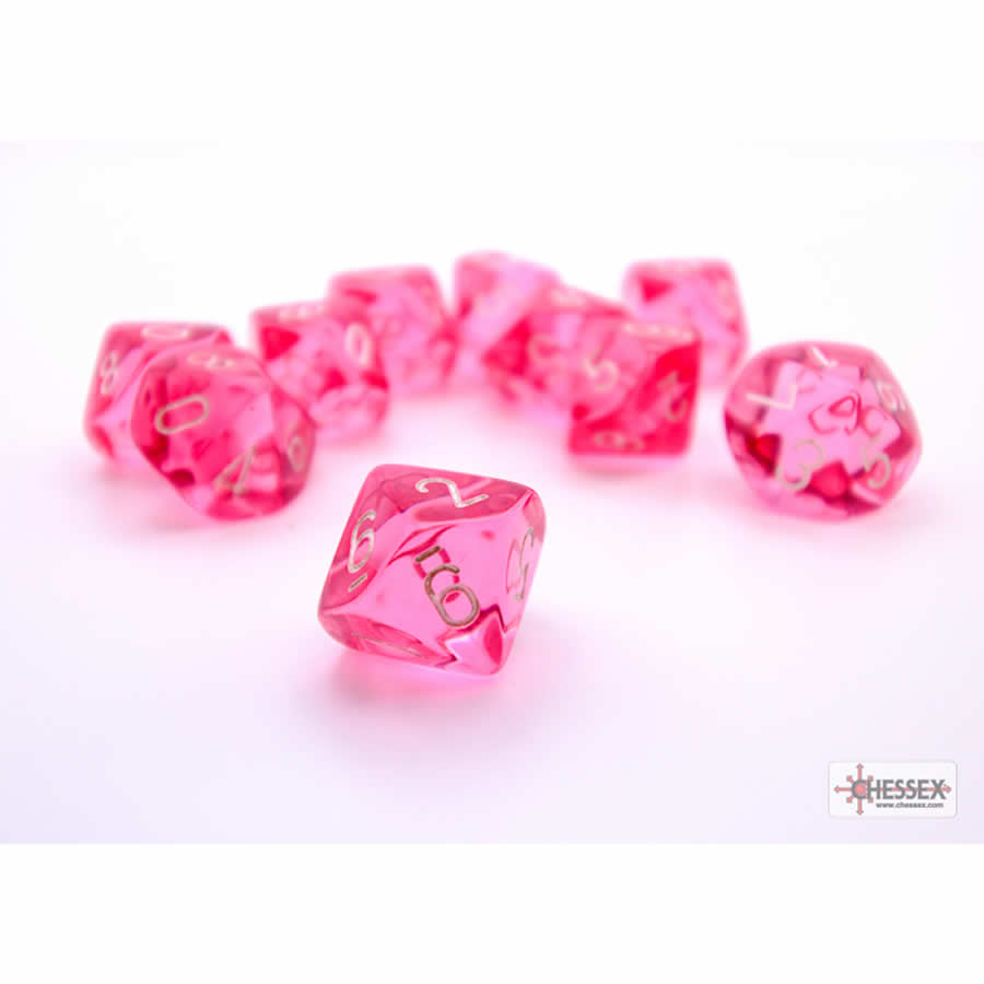 CHX23284 Pink Translucent Dice with White Numbers D10 Aprox 16mm (5/8in) Set of 10