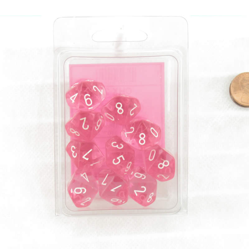 CHX23284 Pink Translucent Dice with White Numbers D10 Aprox 16mm (5/8in) Set of 10