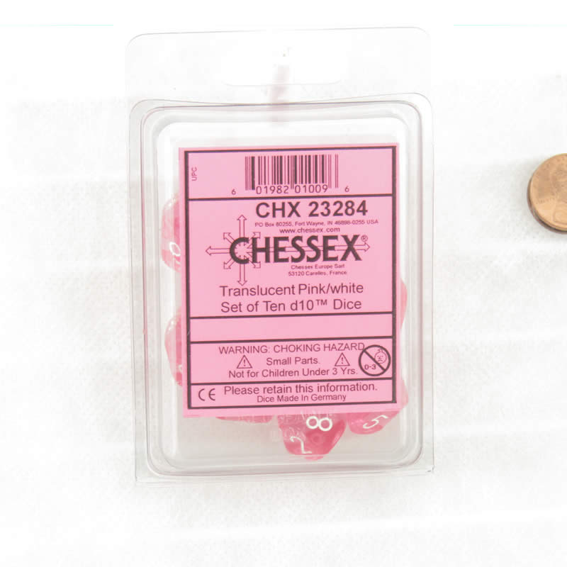 CHX23284 Pink Translucent Dice with White Numbers D10 Aprox 16mm (5/8in) Set of 10