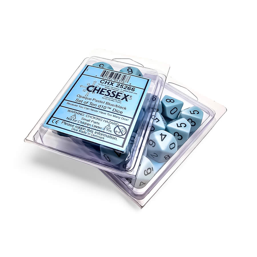 CHX25266 Blue Pastel Dice with Black Numbers D10 Aprox 16mm (5/8in) Set of 10