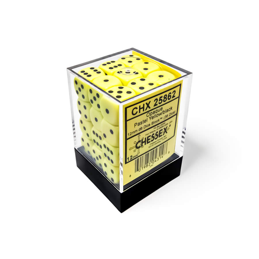 CHX25862 Yellow Pastel D6 Dice with Black Pips 12mm (1/2in) Pack of 36 Dice