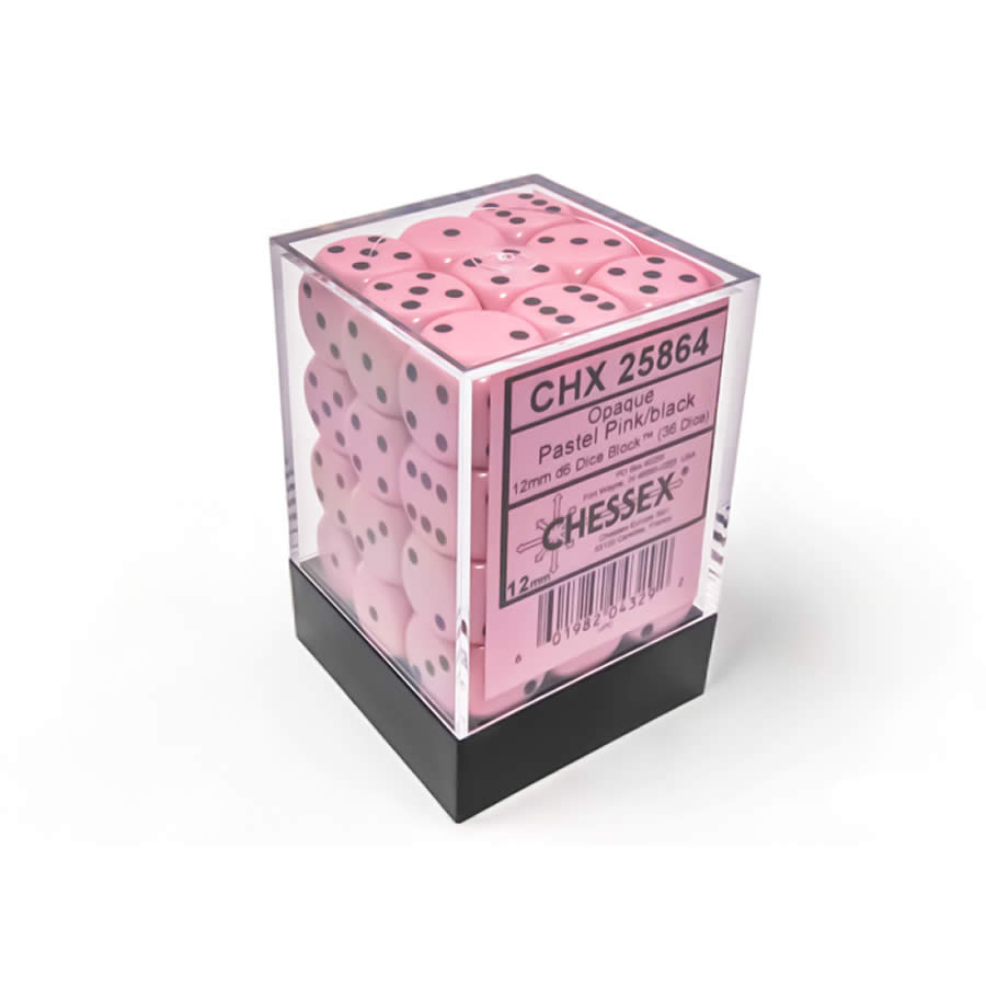 CHX25864 Pink Pastel D6 Dice with Black Pips 12mm (1/2in) Pack of 36 Dice