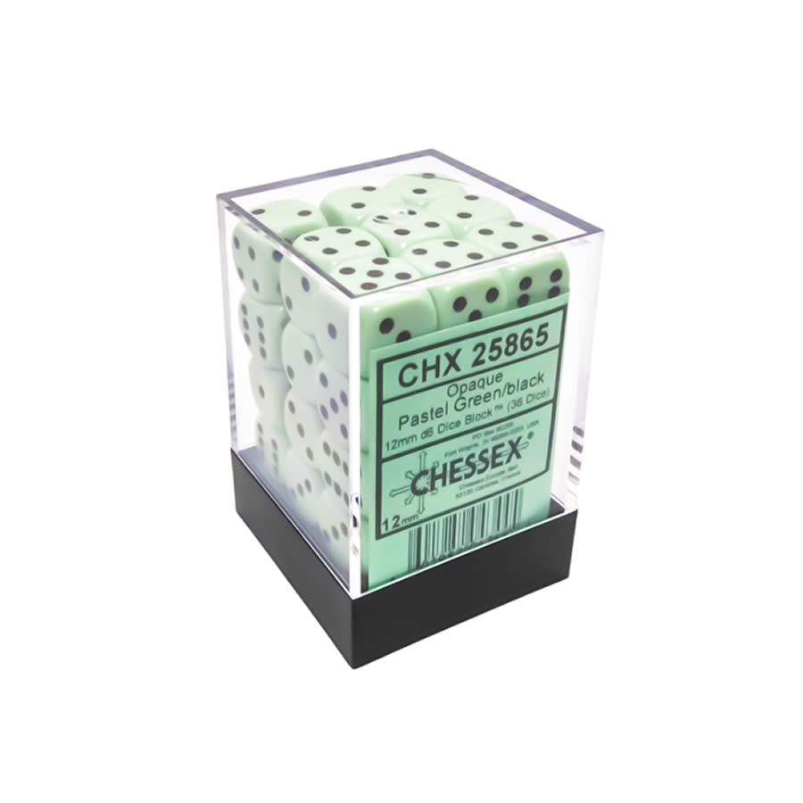 CHX25865 Green Pastel D6 Dice with Black Pips 12mm (1/2in) Pack of 36 Dice
