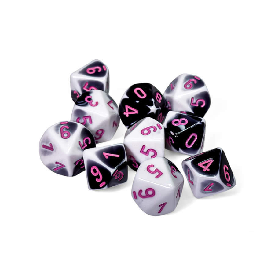 CHX26269 Black and White Gemini Dice with Pink Numbers D10 16mm (5/8in) Pack of 10 Dice Chessex