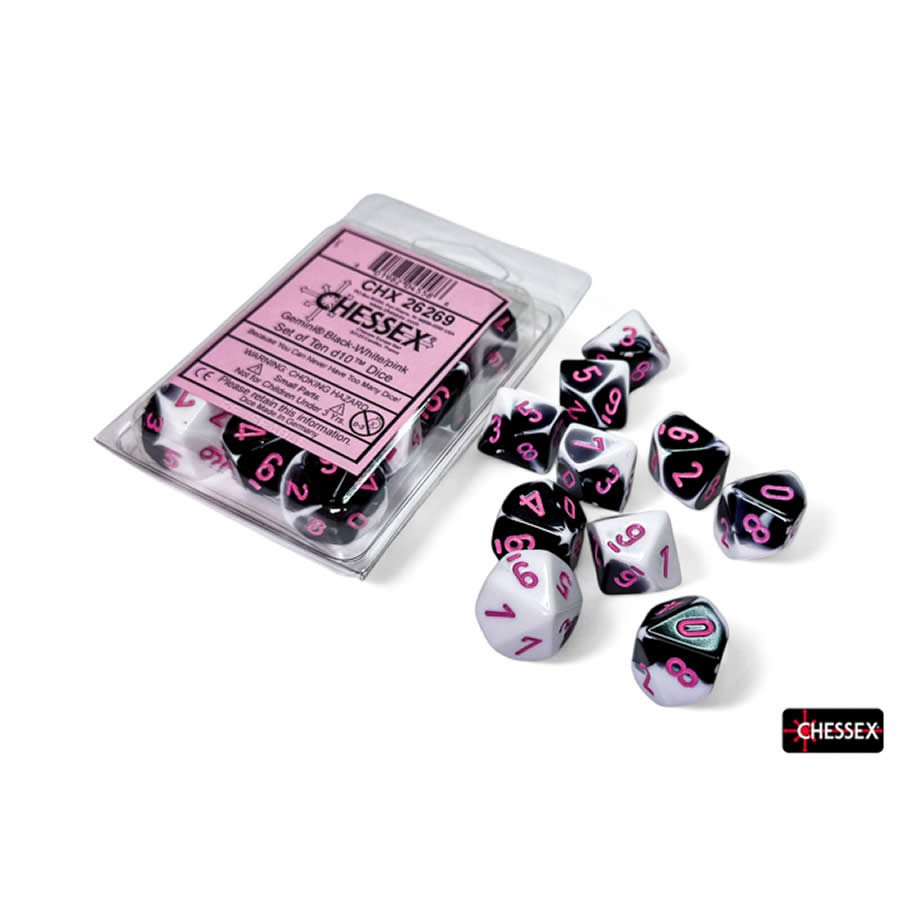 CHX26269 Black and White Gemini Dice with Pink Numbers D10 16mm (5/8in) Pack of 10 Dice Chessex