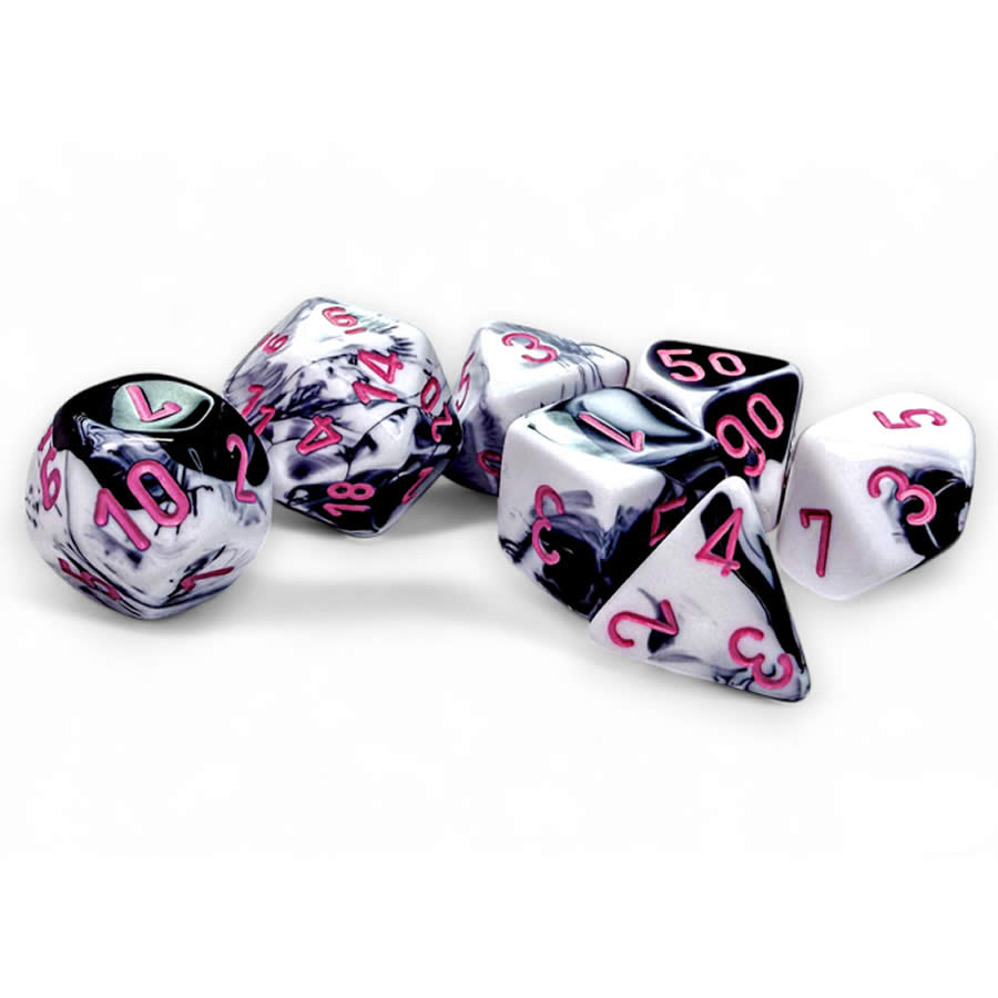 CHX26469 Black and White Gemini Dice with Pink Colored Numbers 7 Dice Set 16mm (5/8in)