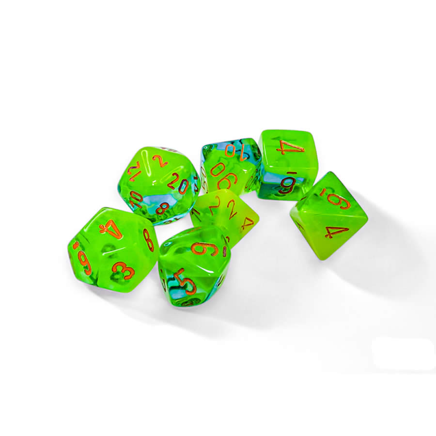 CHX26470 Plasma Green and Teal Gemini Luminary Dice with Orange Numbers 7 Dice Set 16mm (5/8in)