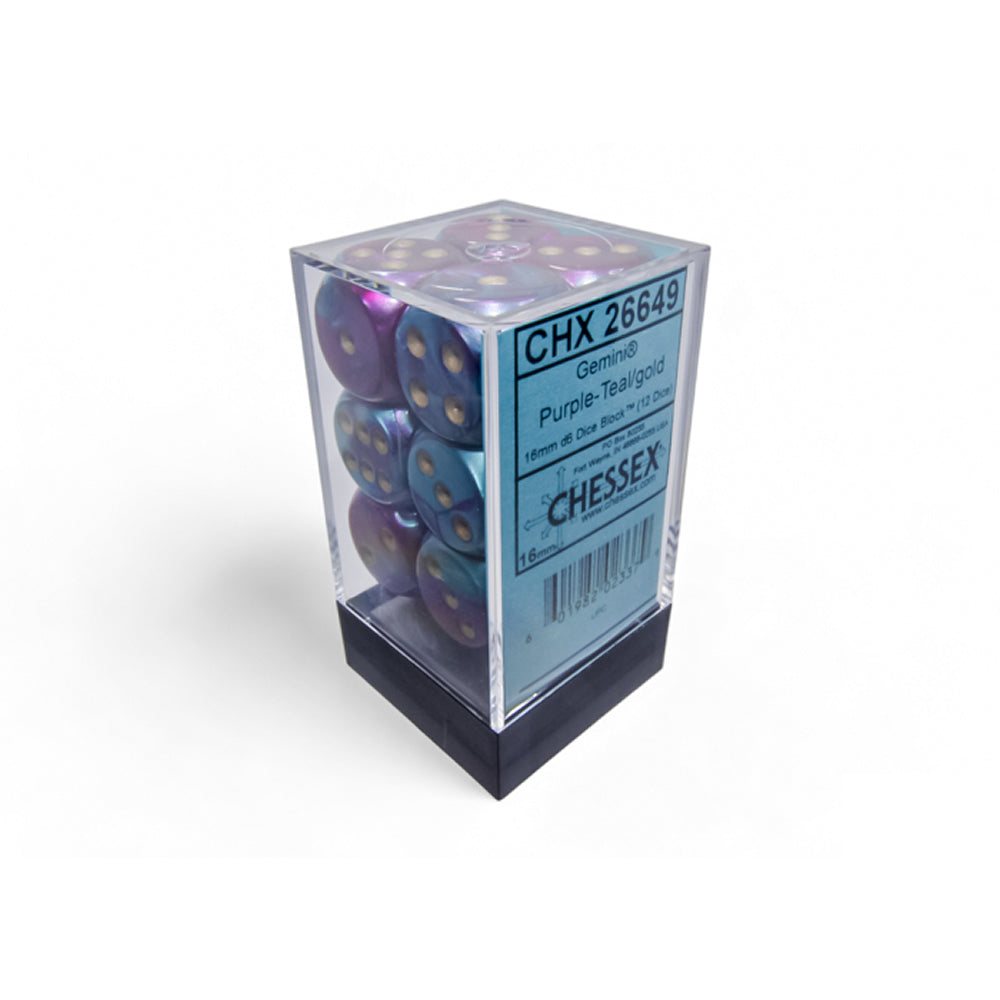 CHX26649 Purple and Teal Gemini Dice with Gold Pips D6 16mm (5/8in) Pack of 12 Dice