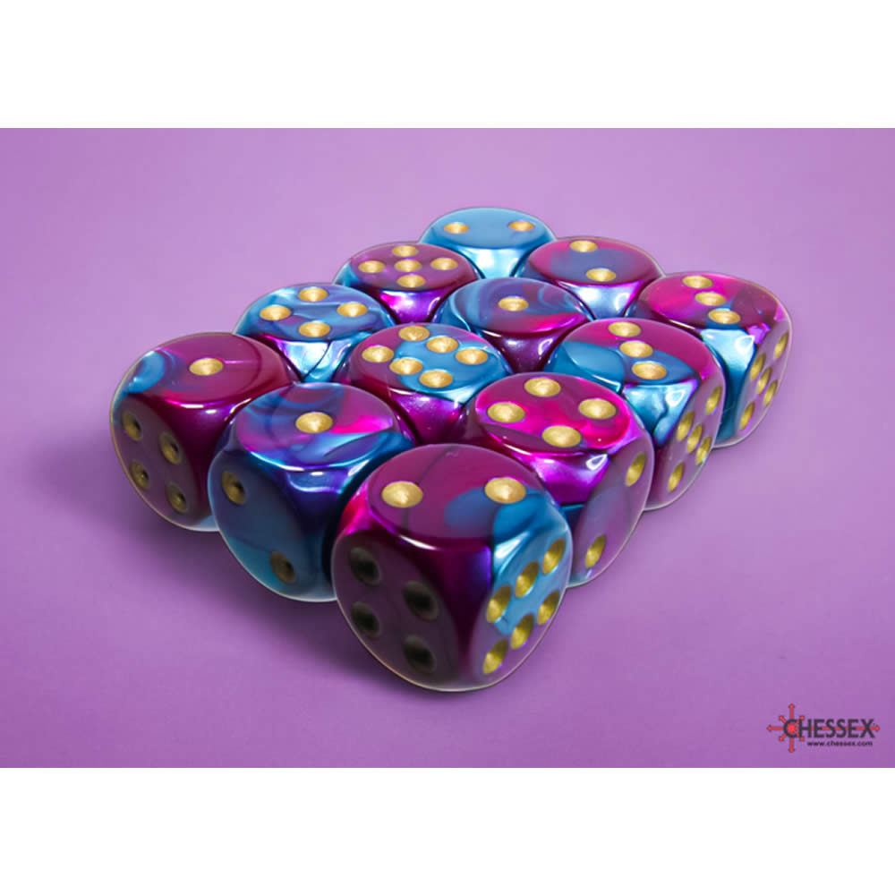 CHX26649 Purple and Teal Gemini Dice with Gold Pips D6 16mm (5/8in) Pack of 12 Dice