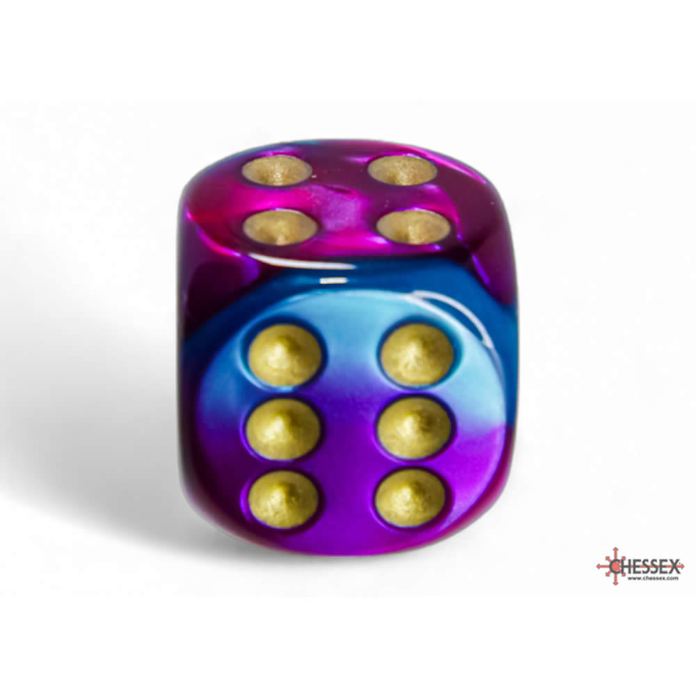 CHX26649 Purple and Teal Gemini Dice with Gold Pips D6 16mm (5/8in) Pack of 12 Dice