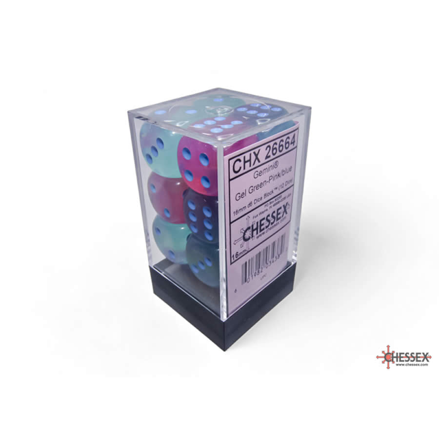 CHX26664 Gel Green and Pink Gemini Luminary Dice with Blue Pips D6 16mm (5/8in) Pack of 12