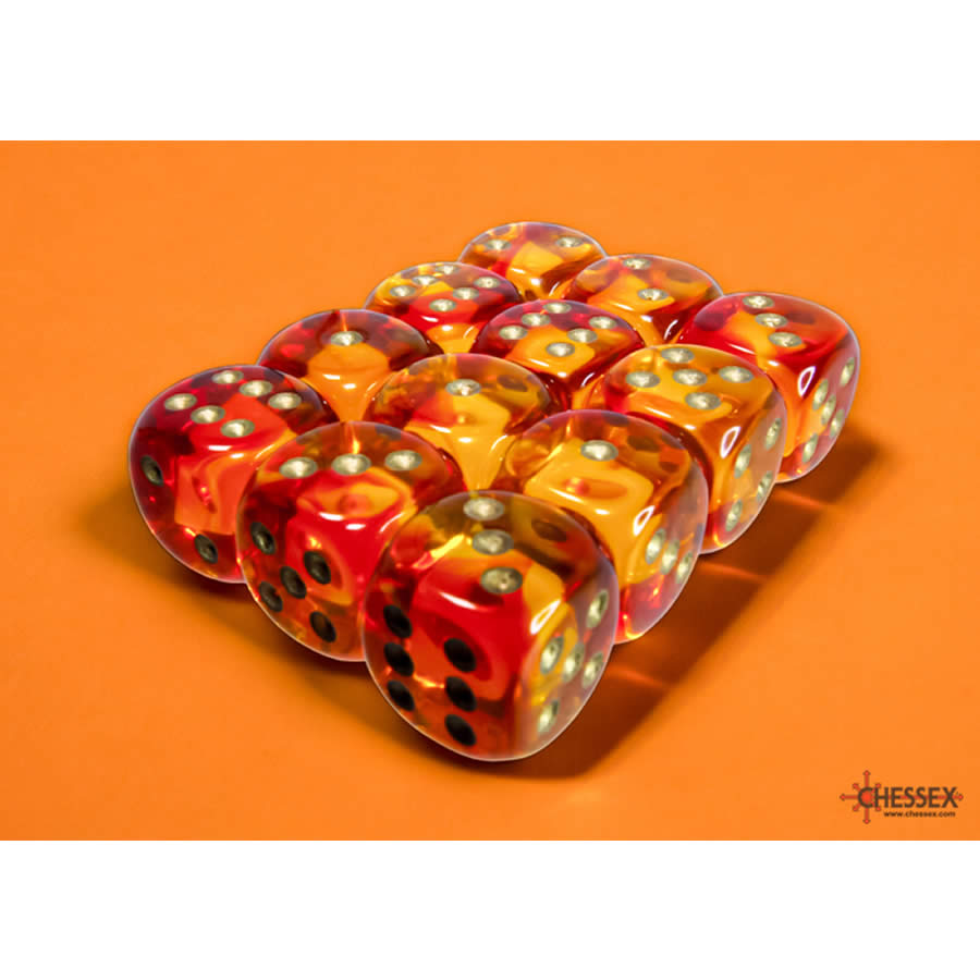 CHX26668 Red and Yellow Gemini Translucent Dice with Gold Colored Pips D6 16mm (5/8in) Pack of 12