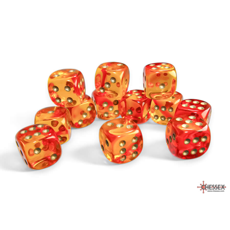 CHX26668 Red and Yellow Gemini Translucent Dice with Gold Colored Pips D6 16mm (5/8in) Pack of 12