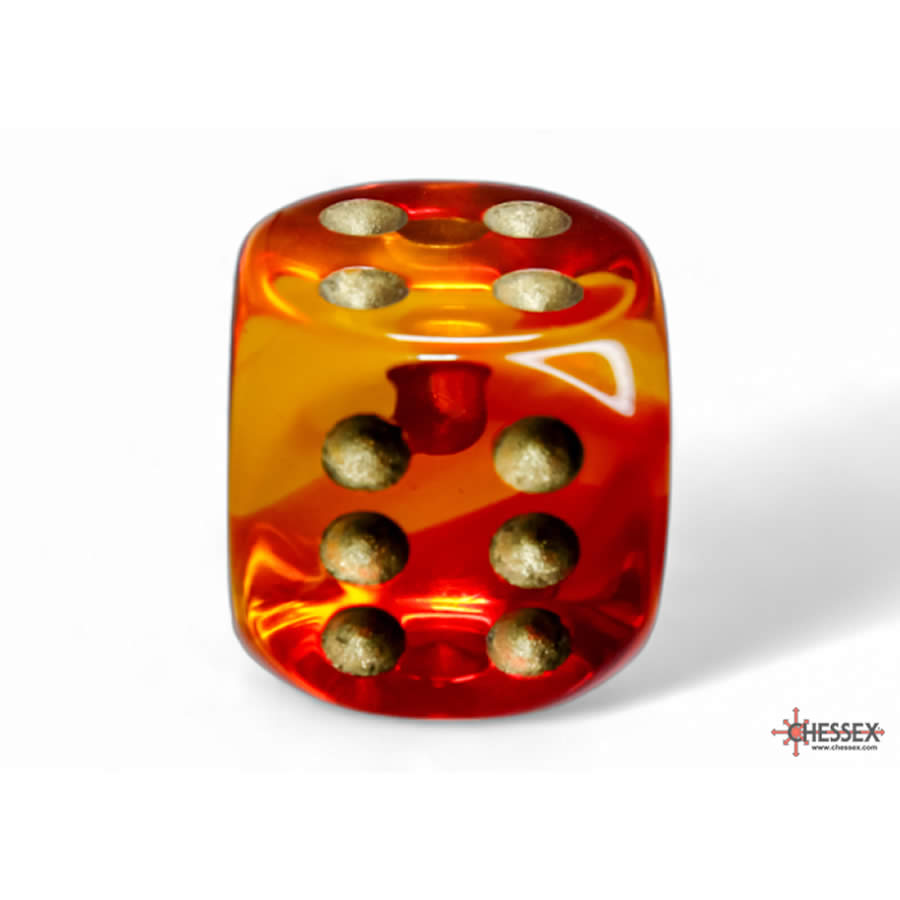 CHX26668 Red and Yellow Gemini Translucent Dice with Gold Colored Pips D6 16mm (5/8in) Pack of 12
