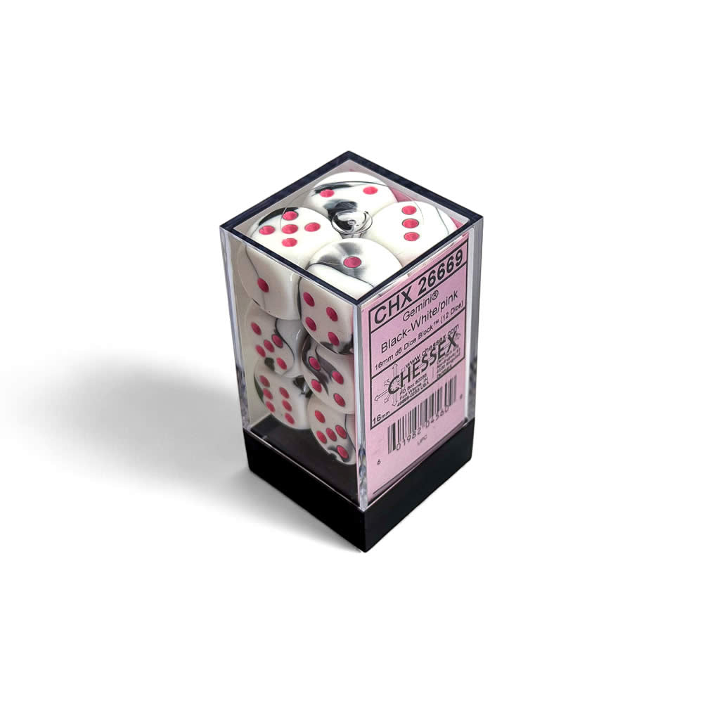 CHX26669 Black and White Gemini Dice with Pink Colored Pips D6 16mm (5/8in) Pack of 12