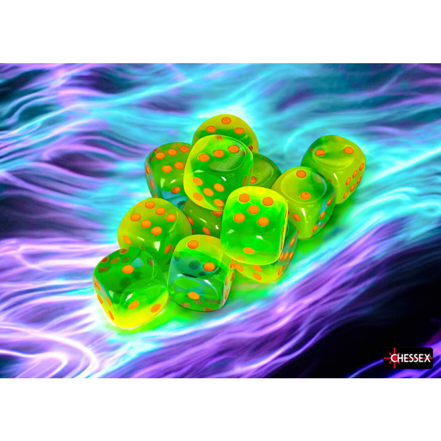 CHX26670 Plasma Green and Teal Gemini Luminary Dice with Orange Pips D6 16mm (5/8in) Pack of 12