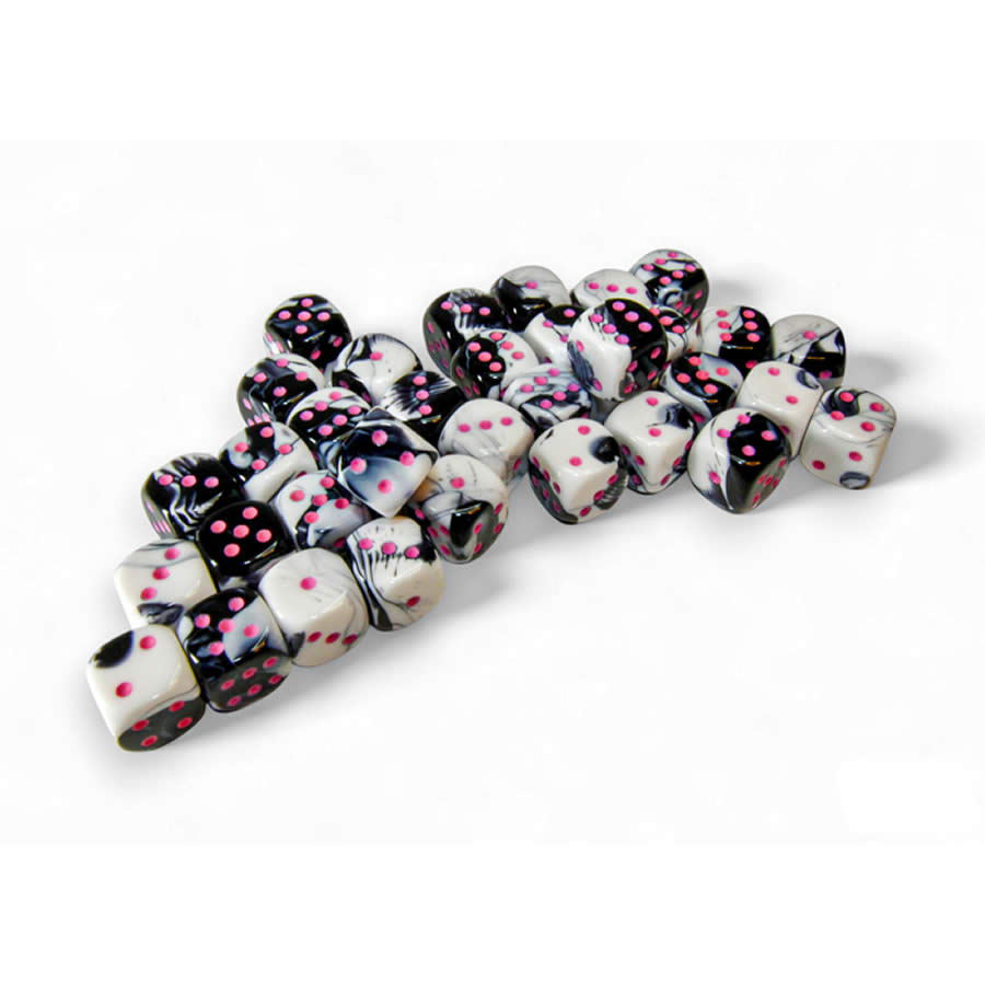 CHX26869 Black and White Gemini Dice with Pink Colored Pips D6 12mm (1/2in) Pack of 36