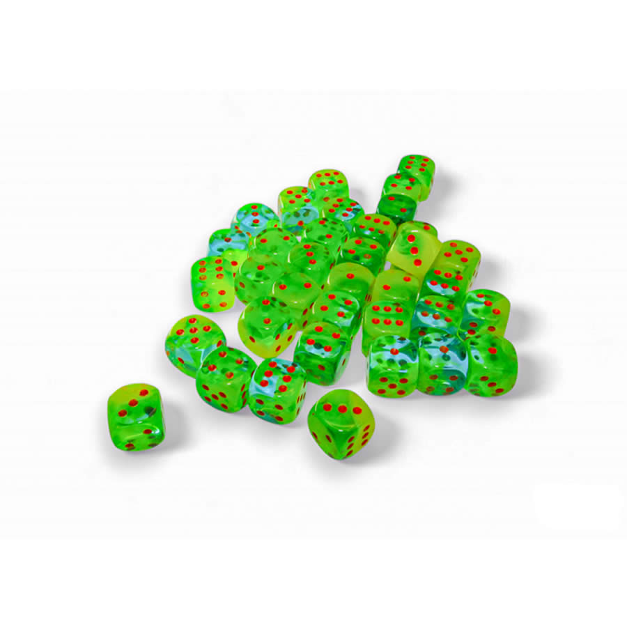 CHX26870 Plasma Green and Teal Gemini Luminary Dice with Orange Pips D6 12mm (1/2in) Pack of 36