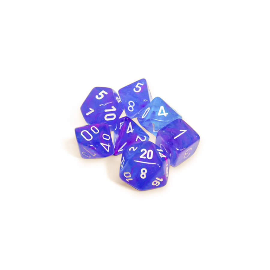 CHX27567 Aura Nebula Luminary Dice with White Numbers 16mm (5/8in) Set of 7