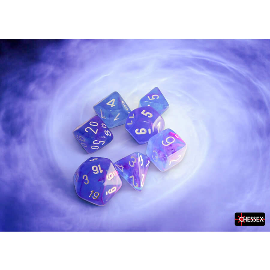 CHX27567 Aura Nebula Luminary Dice with White Numbers 16mm (5/8in) Set of 7