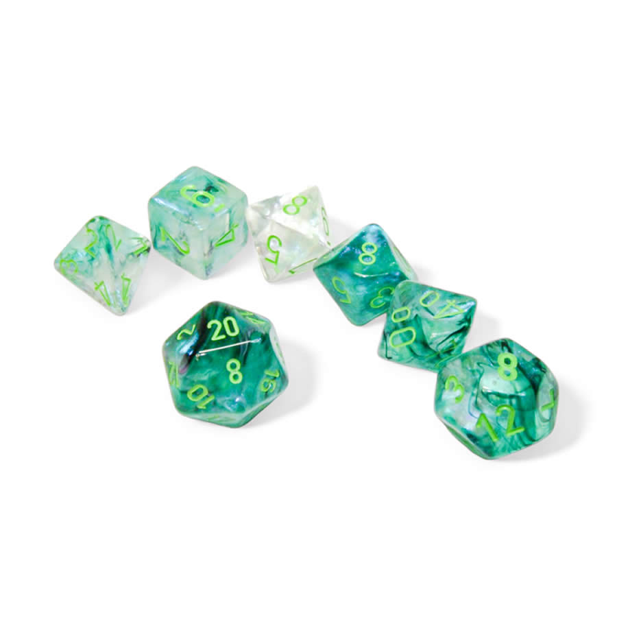 CHX27595 Kelp Borealis Luminary Dice with Light Green Numbers 16mm (5/8in) Set of 7