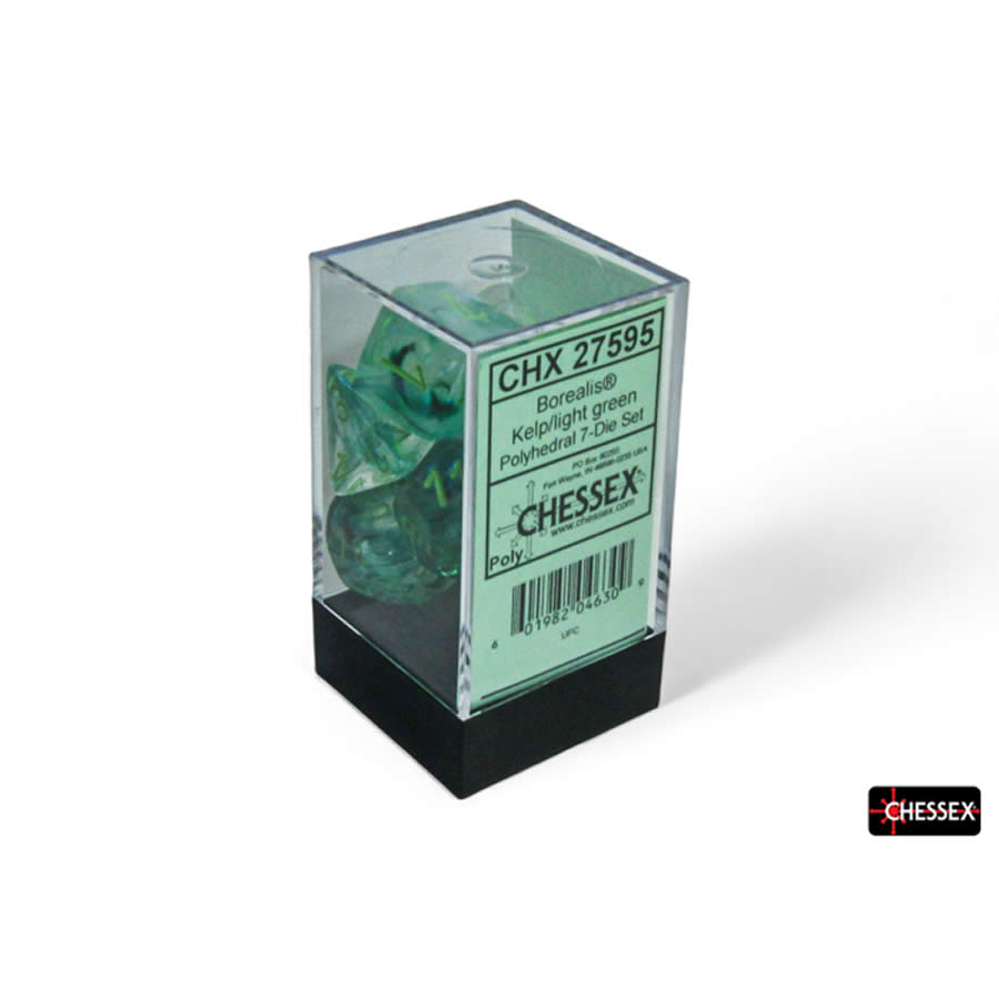 CHX27595 Kelp Borealis Luminary Dice with Light Green Numbers 16mm (5/8in) Set of 7