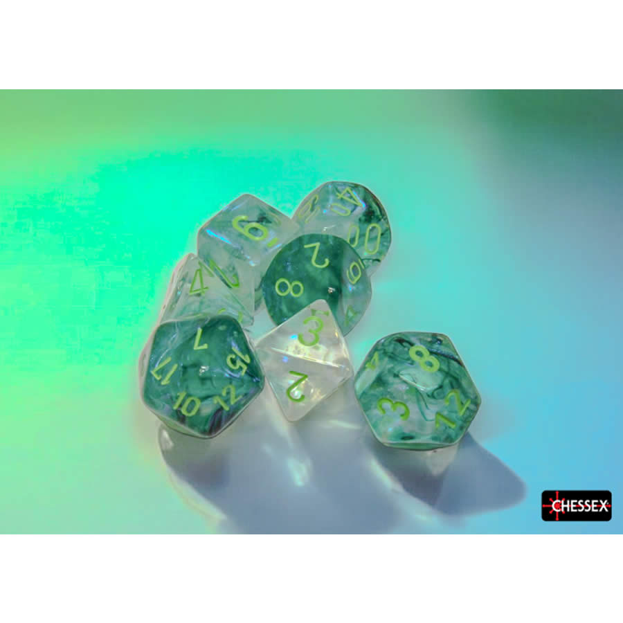 CHX27595 Kelp Borealis Luminary Dice with Light Green Numbers 16mm (5/8in) Set of 7