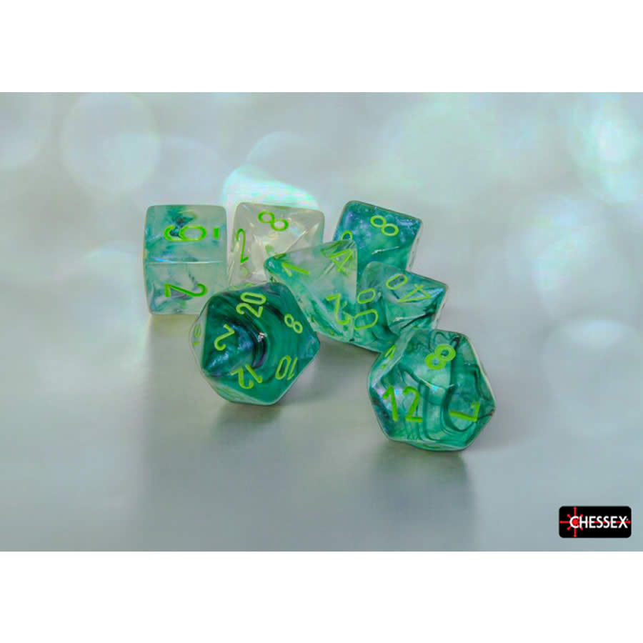CHX27595 Kelp Borealis Luminary Dice with Light Green Numbers 16mm (5/8in) Set of 7