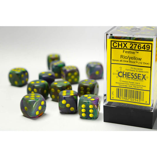 CHX27649 Rio Festive Dice with Yellow Pips D6 16mm (5/8in) Pack of 12