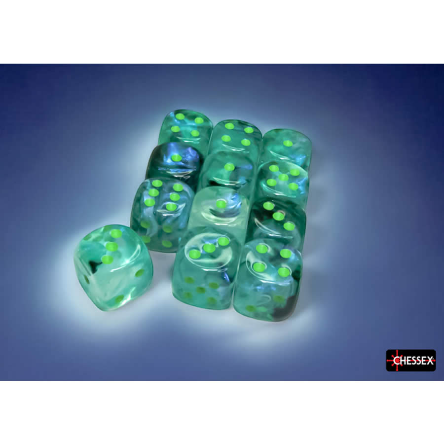 CHX27795 Kelp Borealis Dice Luminary with Light Green Pips D6 16mm (5/8in) Pack of 12