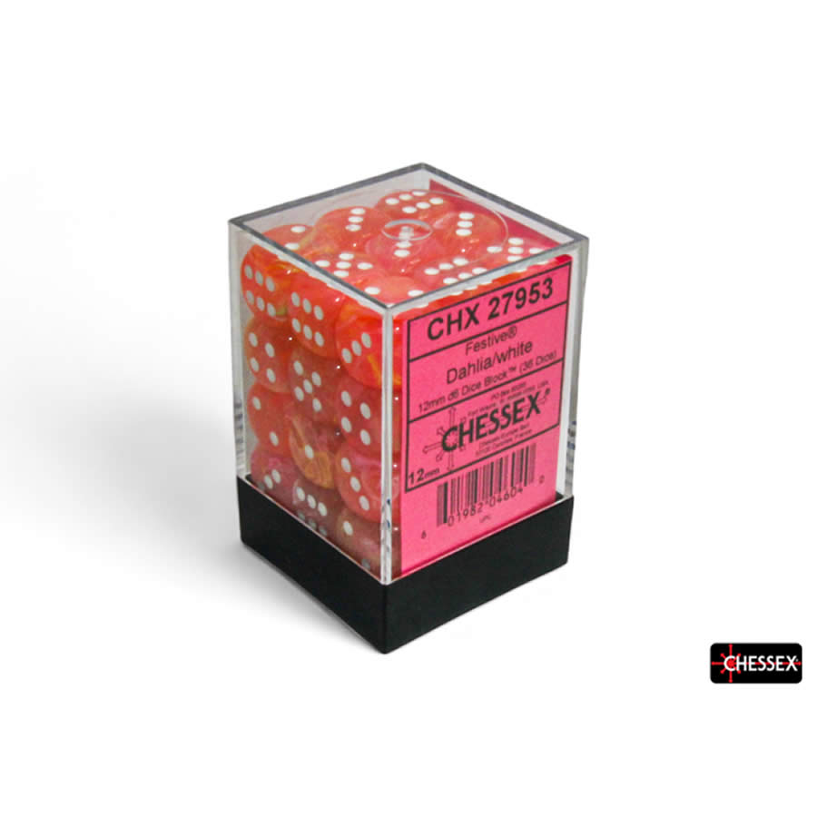 CHX27953 Dahlia Festive Luminary Dice with White Pips D6 12mm (1/2in) Pack of 36