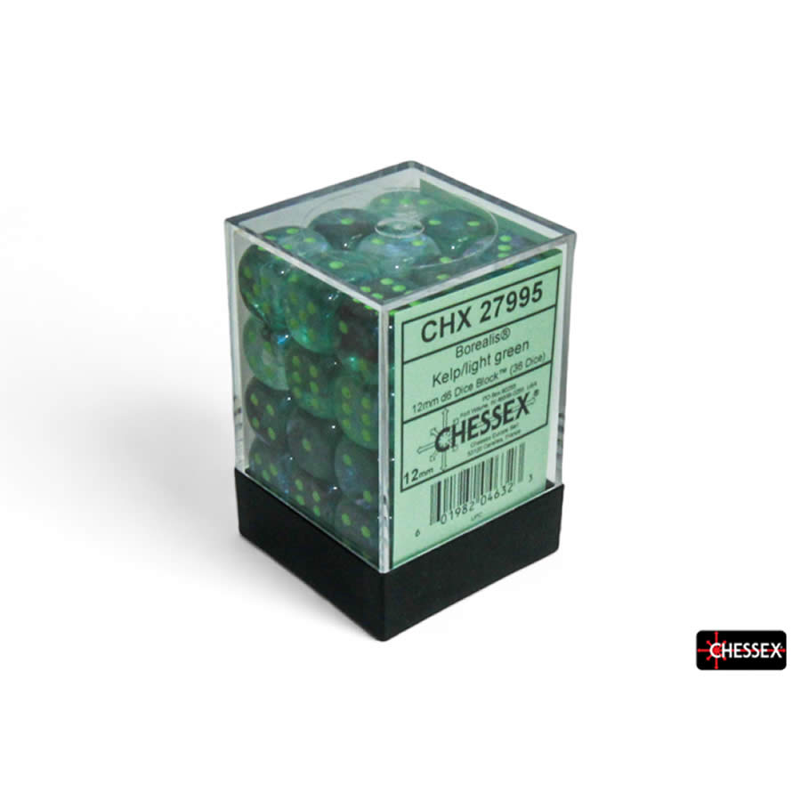 CHX27995 Kelp Borealis Luminary Dice with Light Green Pips D6 12mm (1/2in) Pack of 36