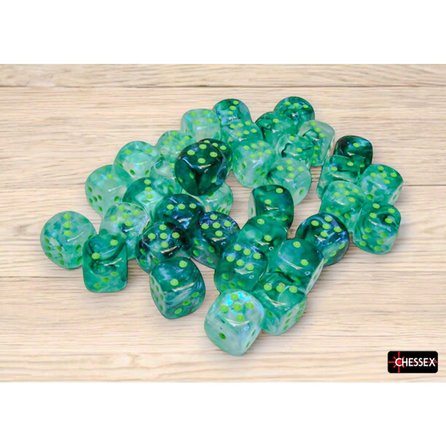 CHX27995 Kelp Borealis Luminary Dice with Light Green Pips D6 12mm (1/2in) Pack of 36