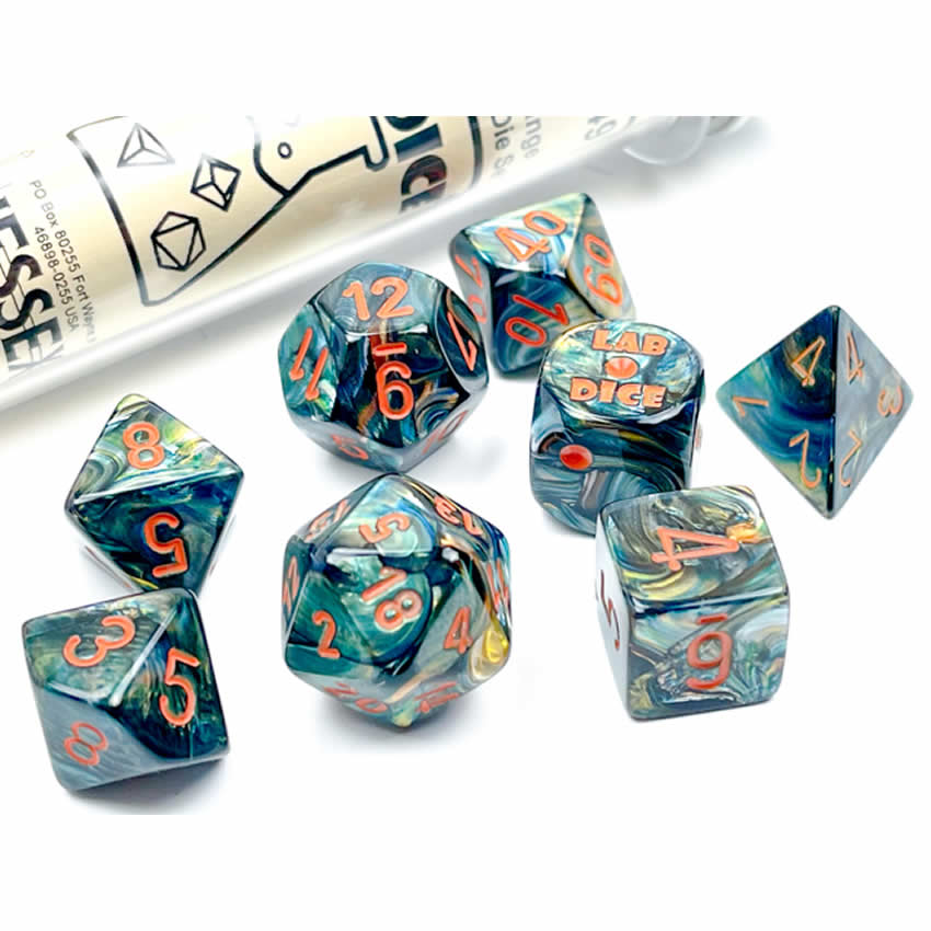 CHX30049 Alpestris Lustrous Dice with Orange Numbers 7+1 Dice Set 16mm (5/8in)