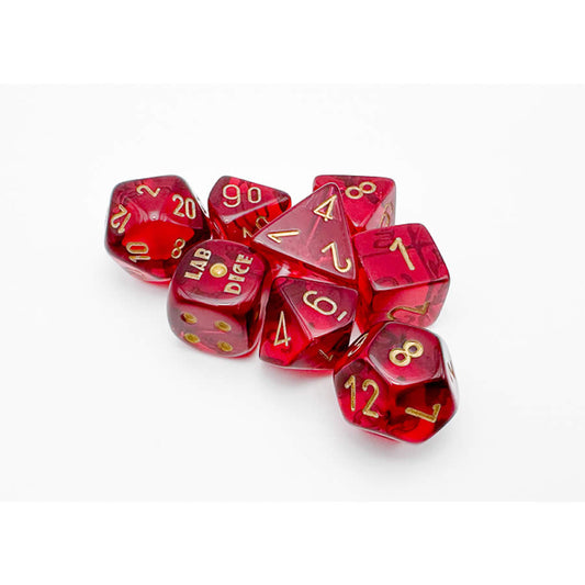CHX30058 Crimson Translucent Dice with Gold Numbers 7+1 Dice Set 16mm (5/8in)